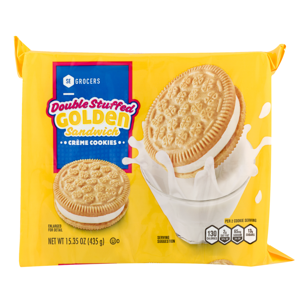 slide 1 of 1, SE Grocers Double Stuffed Golden Sandwich Creme Cookies, 15.3 oz
