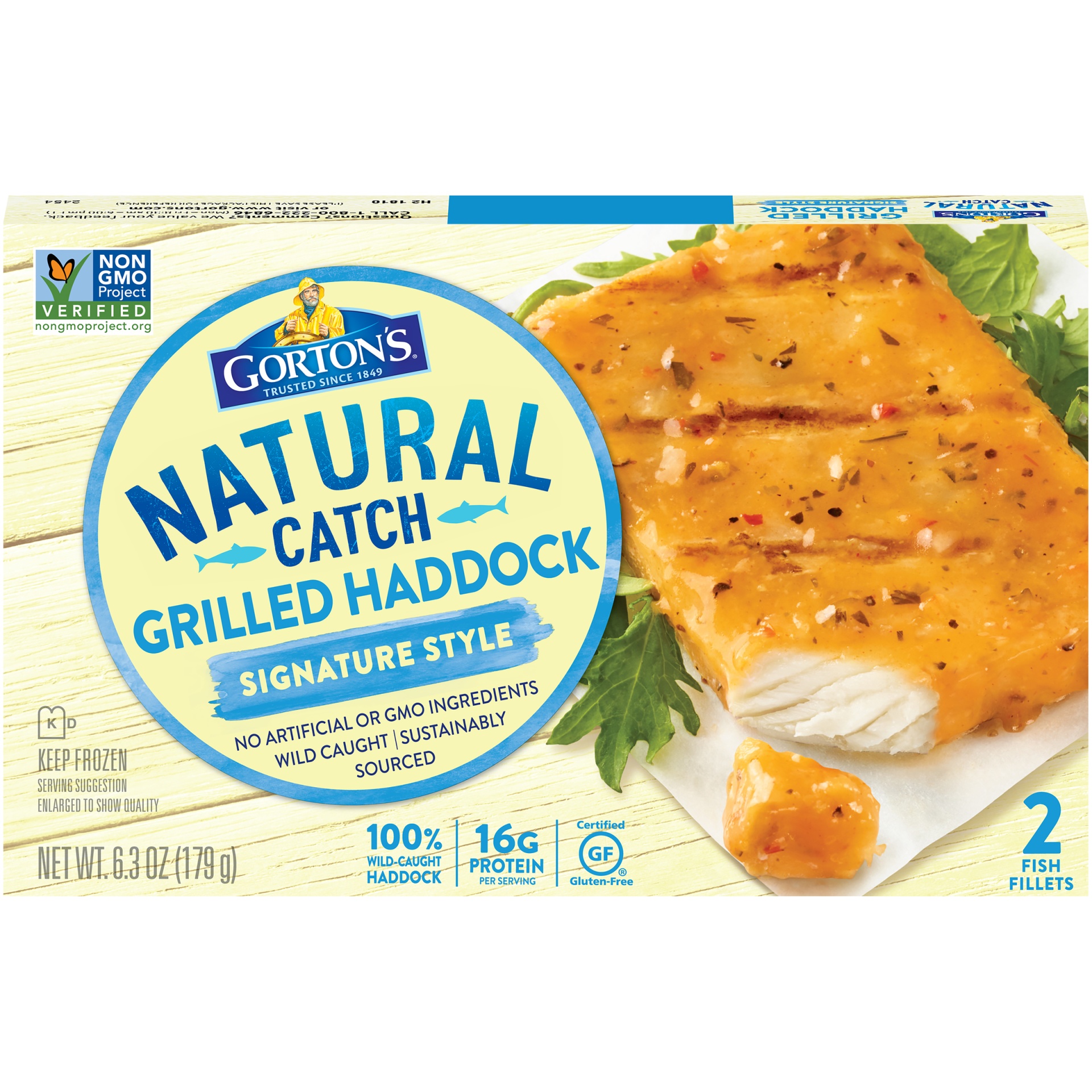 slide 1 of 1, Gorton's Flame Grilled Haddock Fish Fillets, Signature Style, Wild Caught Haddock, Frozen, 2 Count, 6.3 Ounce Package, 