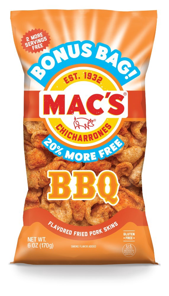 slide 1 of 1, Mac's Chicharrones Bonus Bag Bbq Flavored Fried Pork Skin, 6 oz