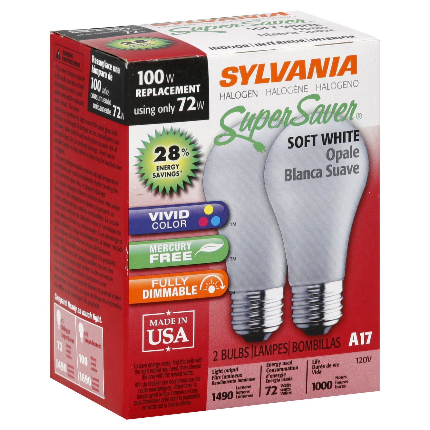 slide 1 of 1, Sylvania 72W Halogen Soft White Light Bulbs, 2 ct