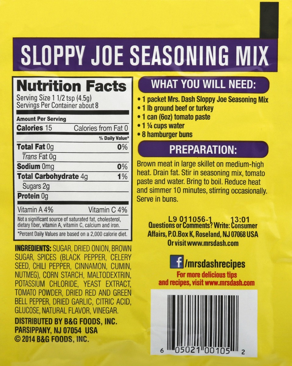 slide 9 of 12, Mrs. Dash Salt-Free Sloppy Joe Seasoning Mix 1.25 oz, 1.25 oz