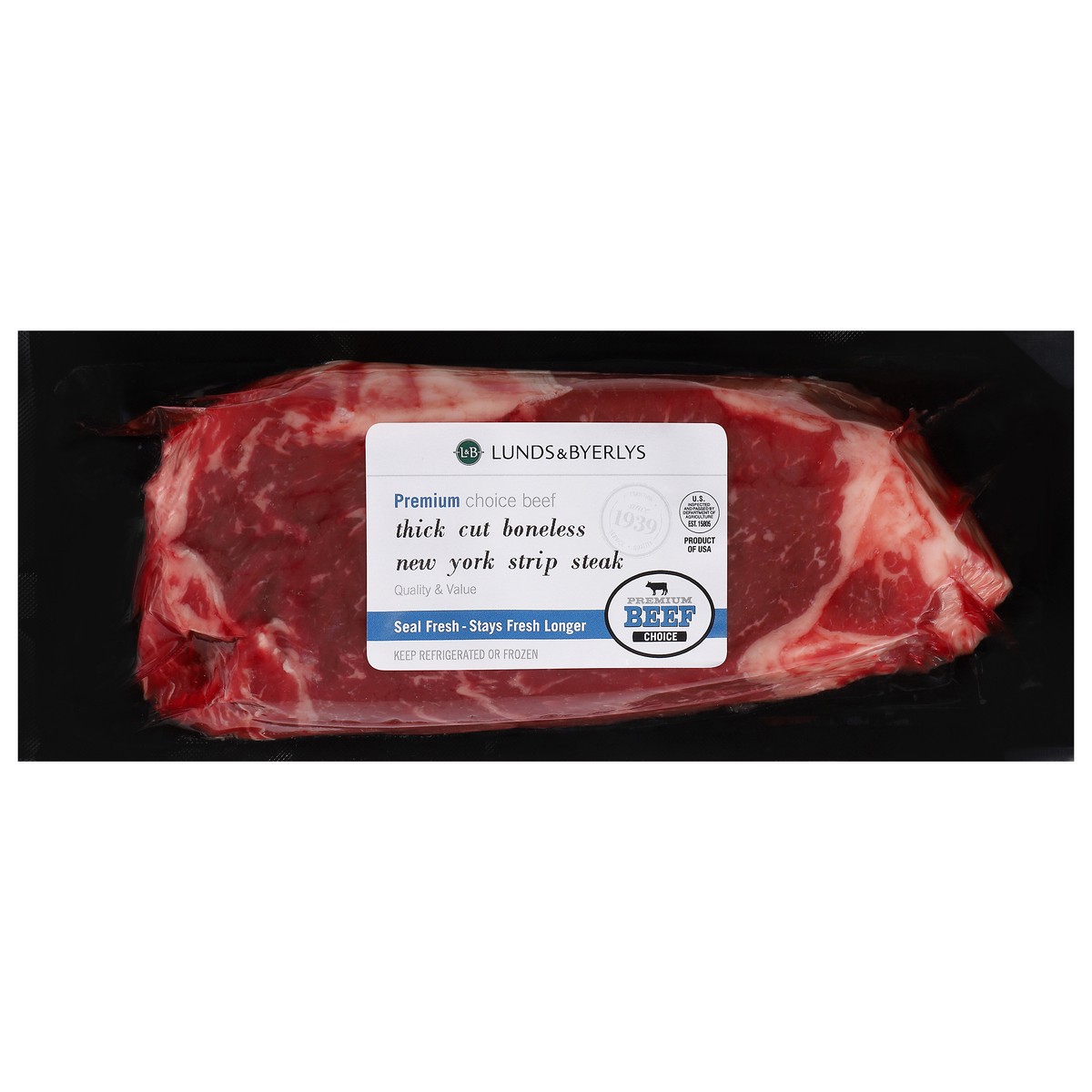 slide 1 of 1, Lunds & Byerlys Thick Cut Boneless New York Strip Steak Beef 1 ea, per lb