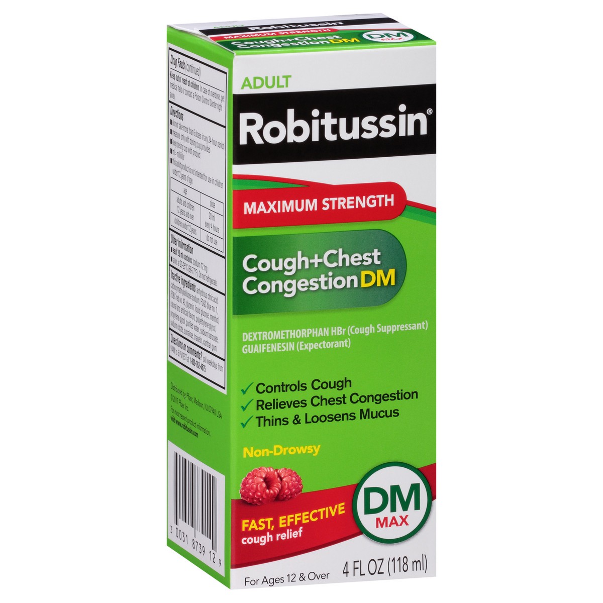 slide 2 of 9, Robitussin Adult Maximum Strength Cough + Chest Congestion DM Max (4 fl. oz. Bottle), Non-Drowsy Cough Suppressant & Expectorant, Raspberry Flavor, 4 oz