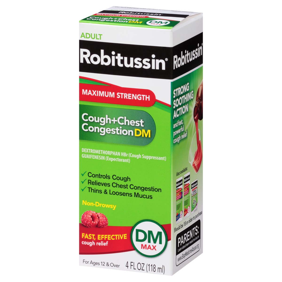 slide 3 of 9, Robitussin Adult Maximum Strength Cough + Chest Congestion DM Max (4 fl. oz. Bottle), Non-Drowsy Cough Suppressant & Expectorant, Raspberry Flavor, 4 oz