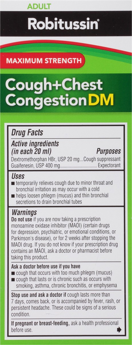 slide 5 of 9, Robitussin Adult Maximum Strength Cough + Chest Congestion DM Max (4 fl. oz. Bottle), Non-Drowsy Cough Suppressant & Expectorant, Raspberry Flavor, 4 oz