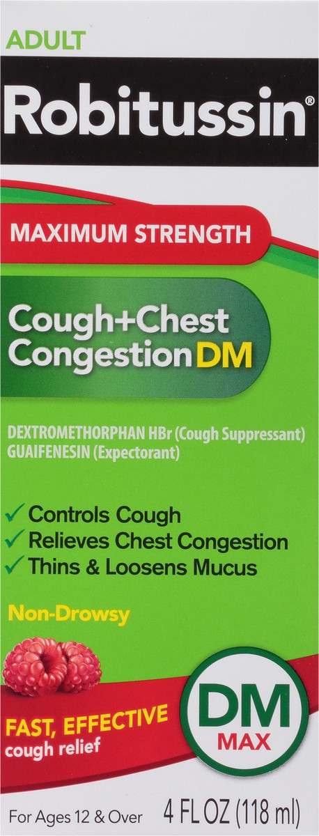 slide 6 of 9, Robitussin Adult Maximum Strength Cough + Chest Congestion DM Max (4 fl. oz. Bottle), Non-Drowsy Cough Suppressant & Expectorant, Raspberry Flavor, 4 oz