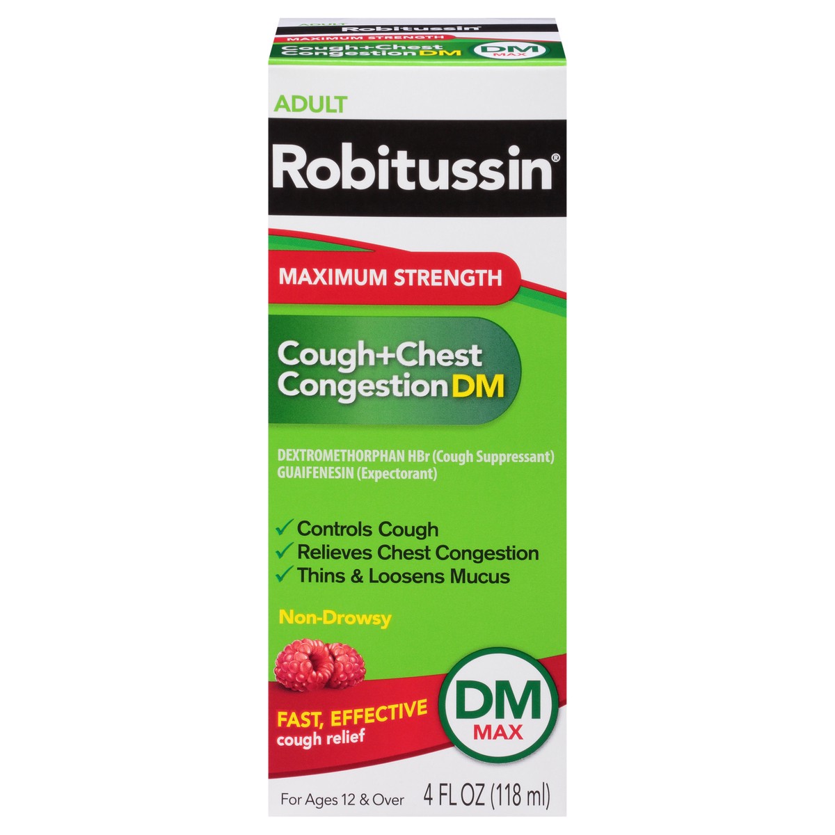 slide 1 of 9, Robitussin Adult Maximum Strength Cough + Chest Congestion DM Max (4 fl. oz. Bottle), Non-Drowsy Cough Suppressant & Expectorant, Raspberry Flavor, 4 oz