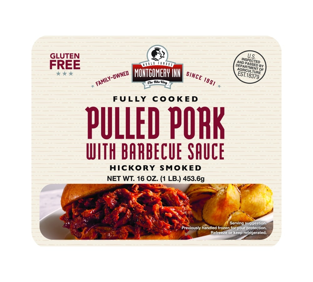slide 1 of 1, Montgomery Inn Fully Cooked Hickory Smoked Pulled Pork With Barbecue Sauce, 16 oz