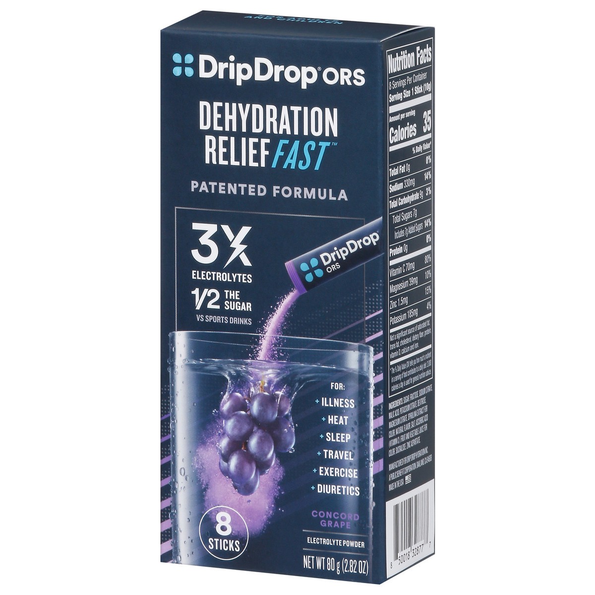 slide 8 of 9, DripDrop ORS Electrolyte Powder - 8 ct, concord grape, 8 ct