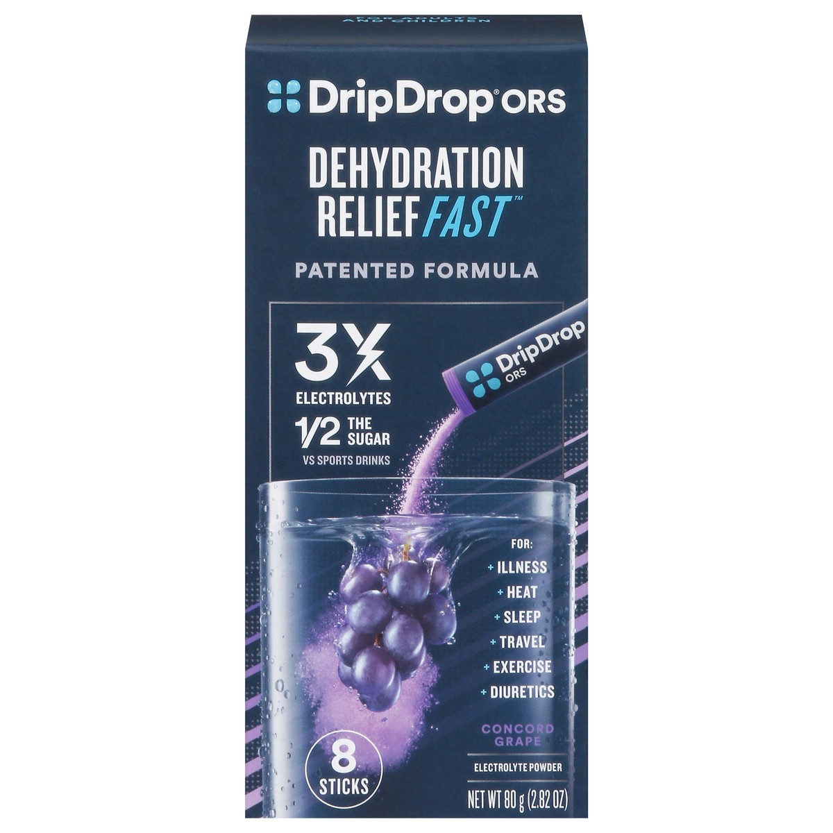 slide 1 of 9, DripDrop ORS Electrolyte Powder - 8 ct, concord grape, 8 ct