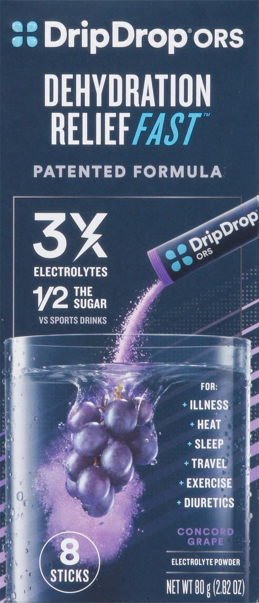 slide 5 of 9, DripDrop ORS Electrolyte Powder - 8 ct, concord grape, 8 ct