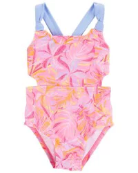Oshkosh Baby Palm Print 1-Piece Cut-Out Swimsuit Pink 9M