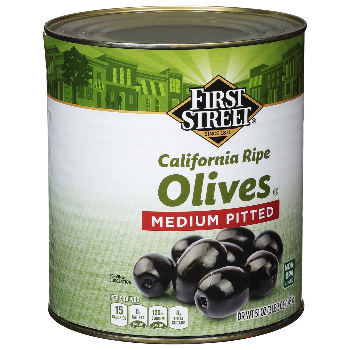 slide 6 of 13, First Street Pitted Ripe Olives Medium, 51 oz
