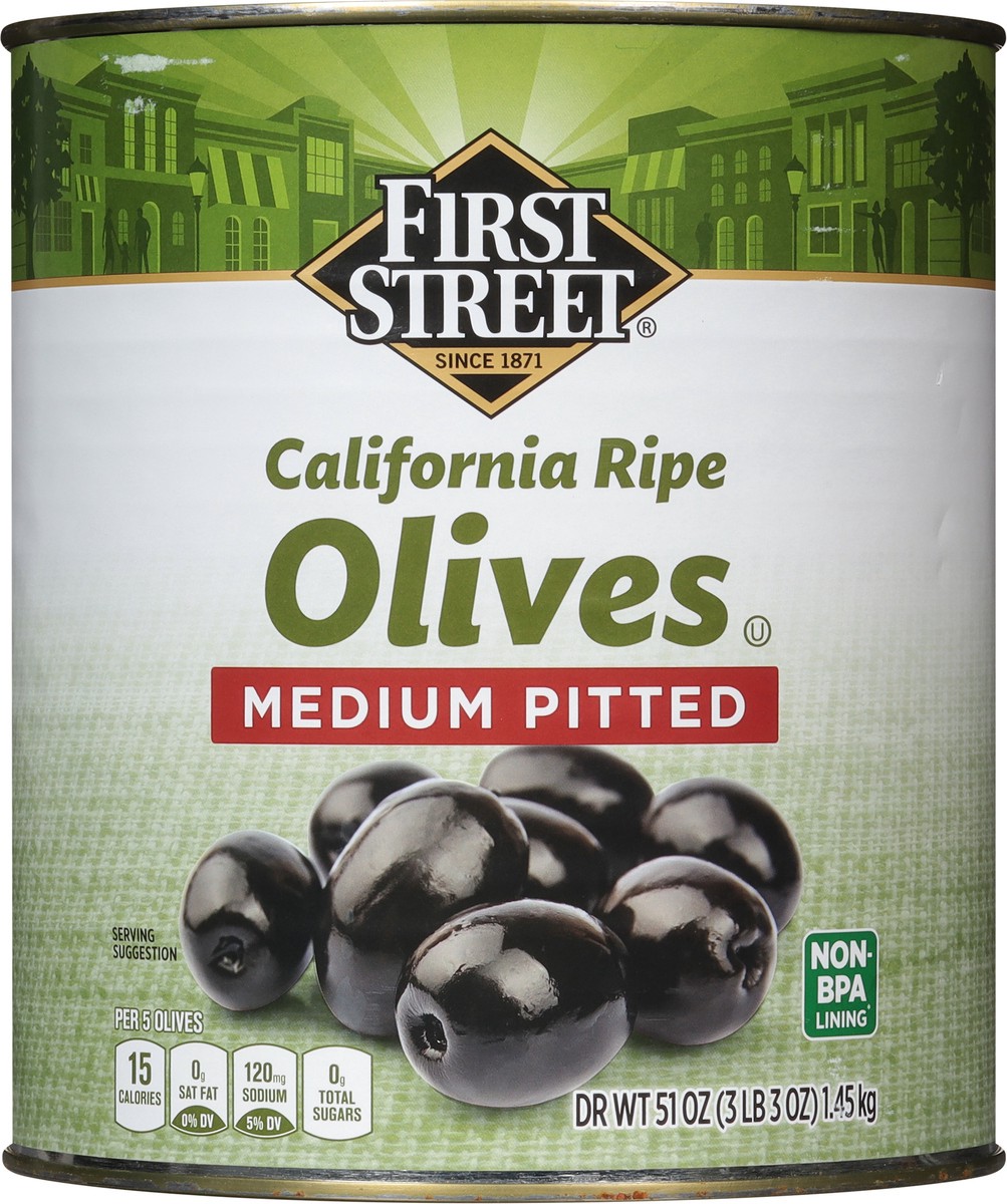 slide 2 of 13, First Street Pitted Ripe Olives Medium, 51 oz