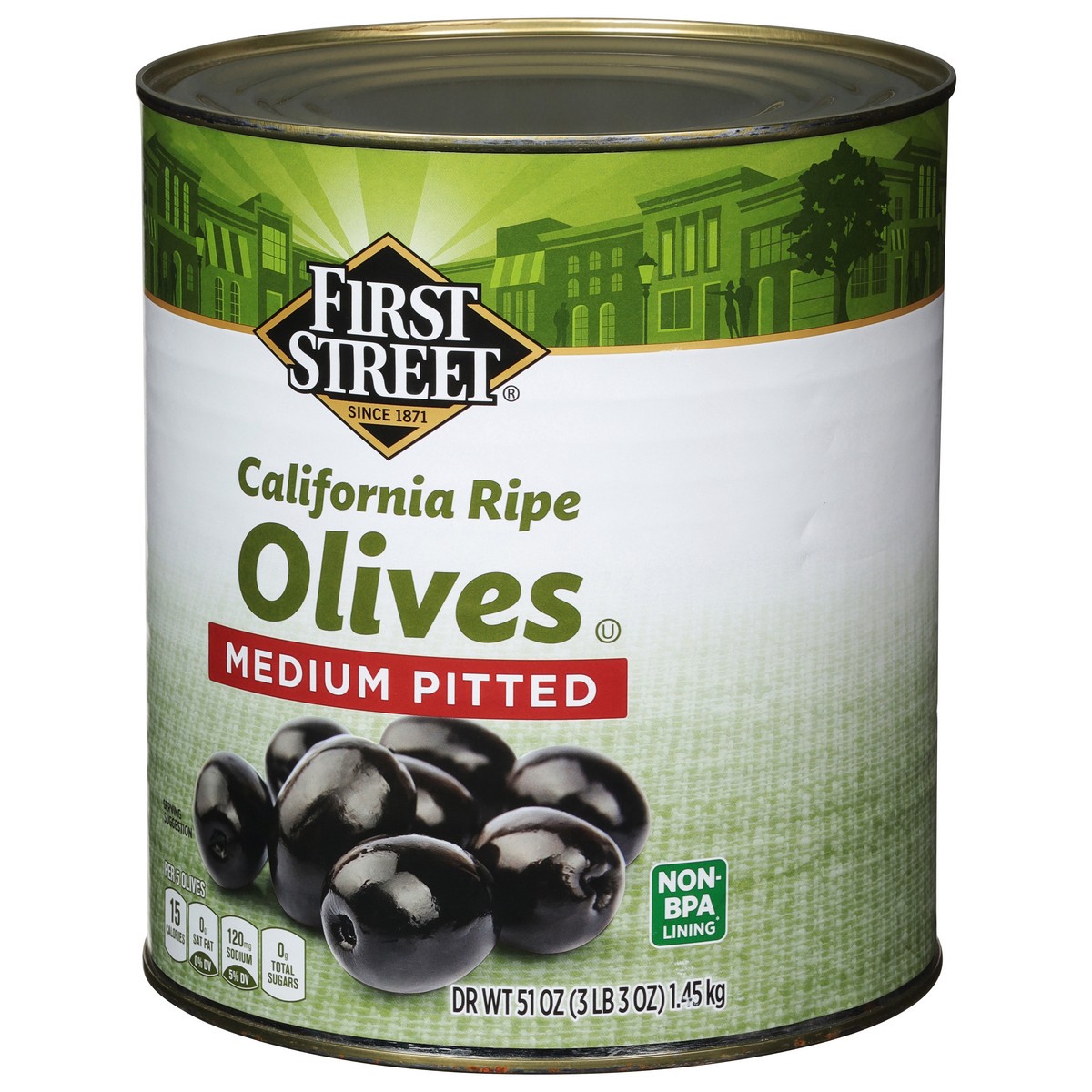 slide 10 of 13, First Street Pitted Ripe Olives Medium, 51 oz