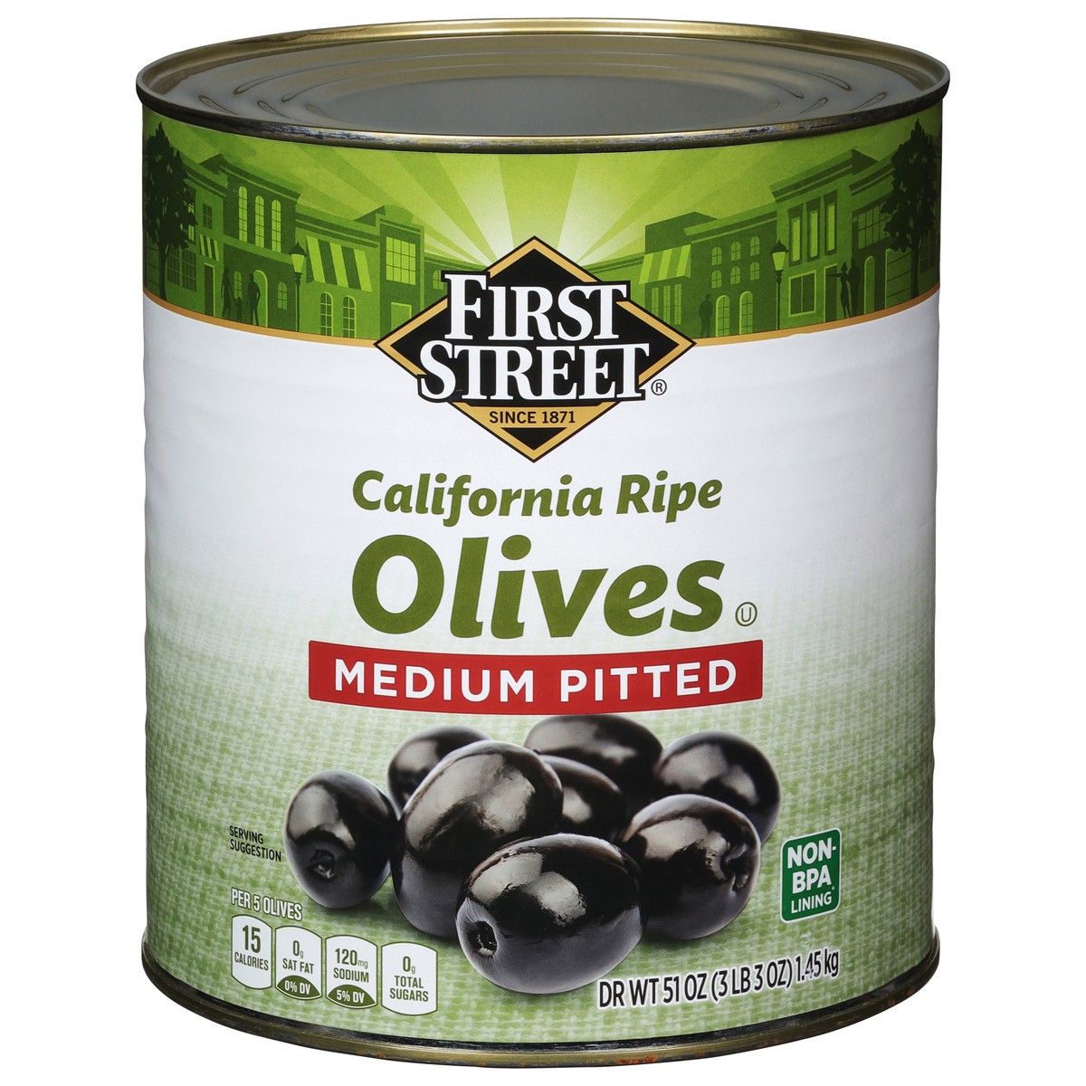 slide 4 of 13, First Street Pitted Ripe Olives Medium, 51 oz