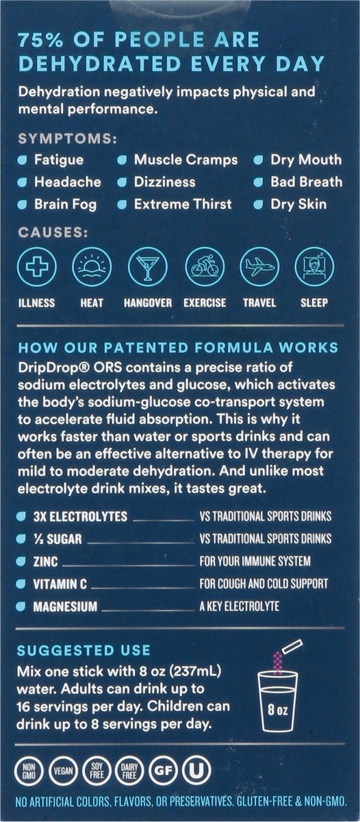 slide 8 of 14, DripDrop Dehydration Relief Fast Berry Electrolyte Powder 8 - 0.35 oz Sticks, 8 ct