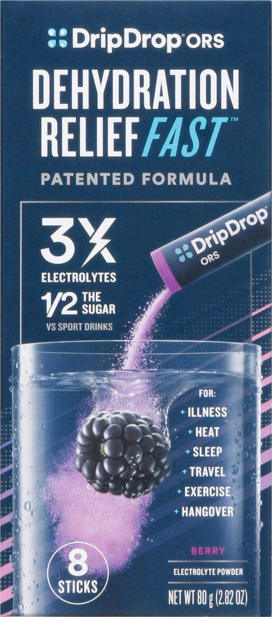 slide 14 of 14, DripDrop Dehydration Relief Fast Berry Electrolyte Powder 8 - 0.35 oz Sticks, 8 ct