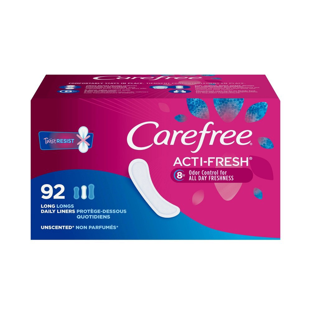 slide 11 of 11, Carefree Long Unwrapped Panty Liners Unscented, 92 ct