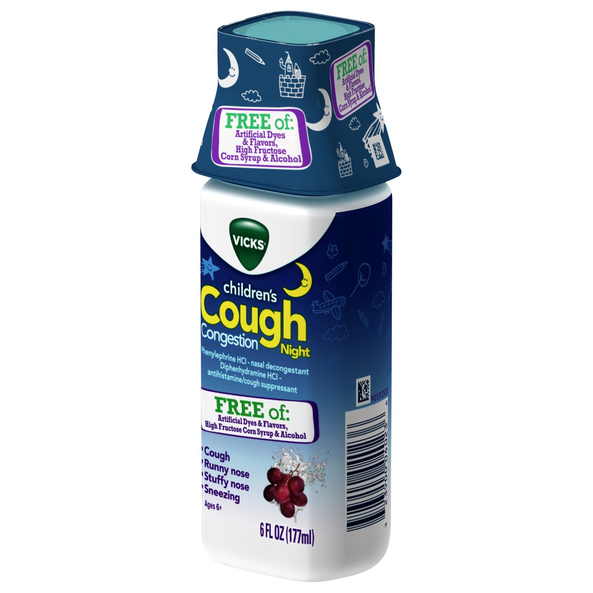 slide 2 of 3, Vicks Children's Nighttime Cough & Congestion Relief, FREE OF: Artificial Dyes & Flavors, High Fructose Corn Syrup & Alcohol, Grape Flavor, For Children Ages 6+, 6 FL OZ, 6 fl oz