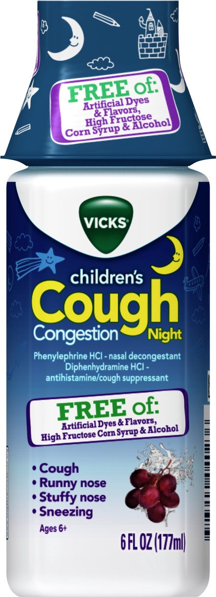 slide 3 of 3, Vicks Children's Nighttime Cough & Congestion Relief, FREE OF: Artificial Dyes & Flavors, High Fructose Corn Syrup & Alcohol, Grape Flavor, For Children Ages 6+, 6 FL OZ, 6 fl oz