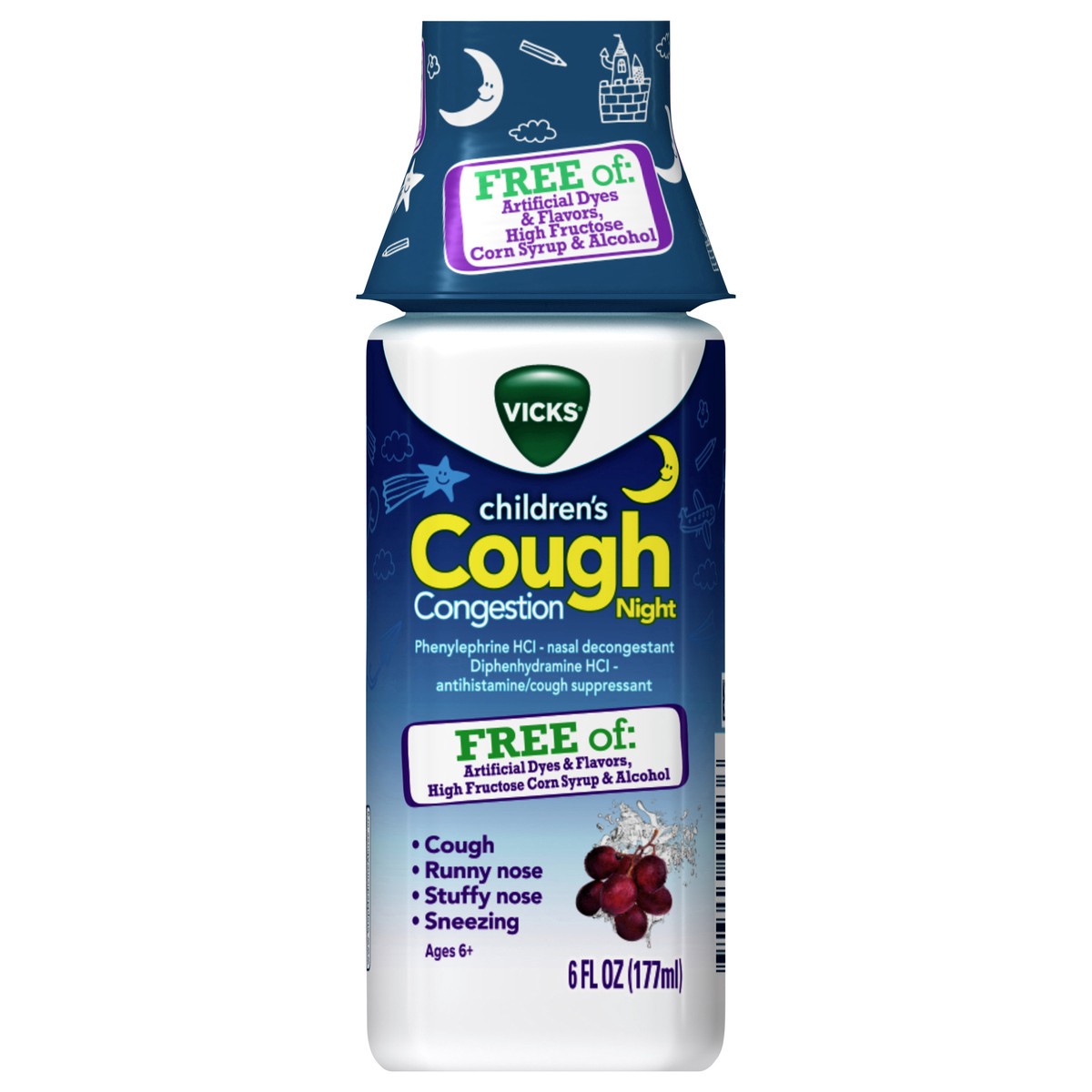 slide 1 of 3, Vicks Children's Nighttime Cough & Congestion Relief, FREE OF: Artificial Dyes & Flavors, High Fructose Corn Syrup & Alcohol, Grape Flavor, For Children Ages 6+, 6 FL OZ, 6 fl oz