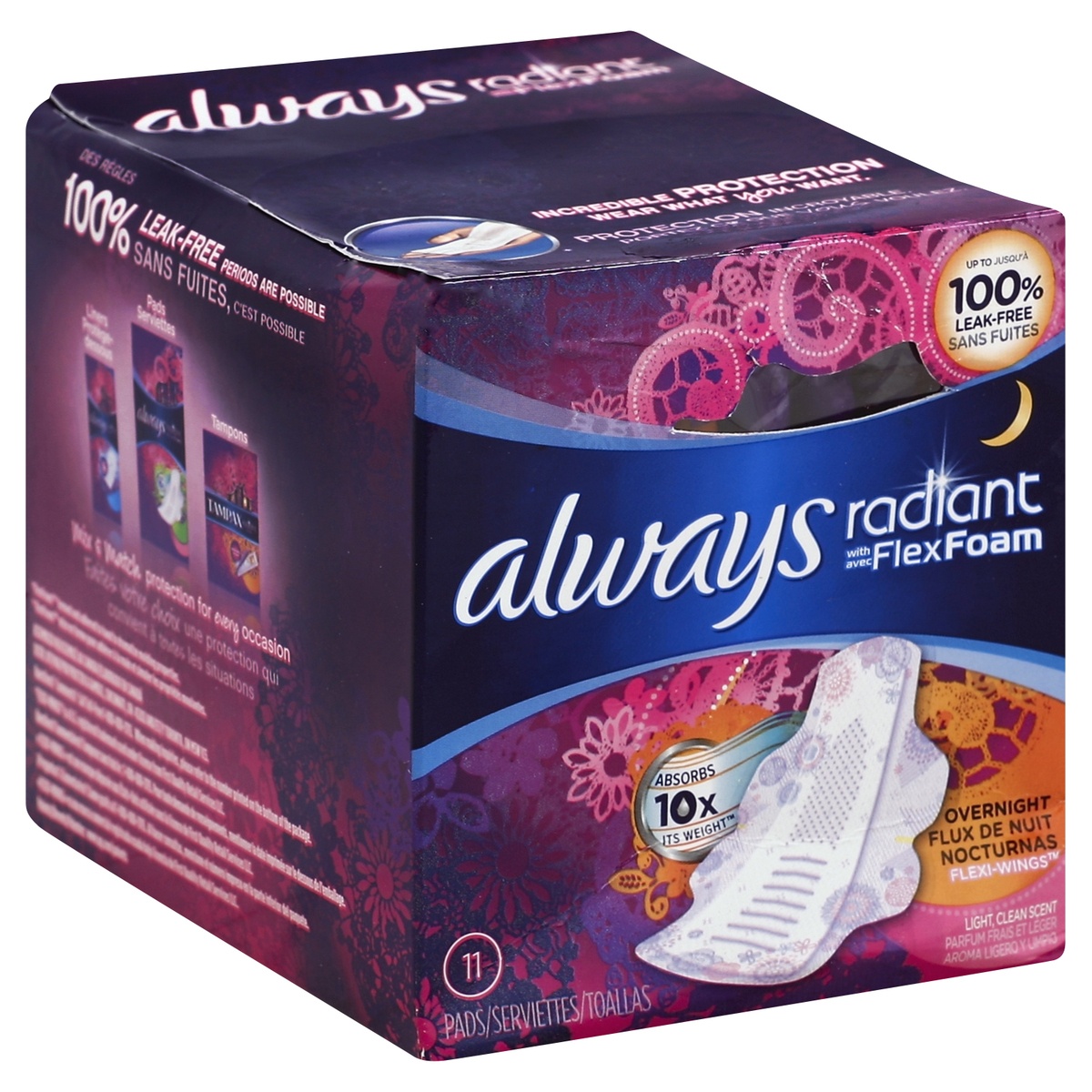 slide 1 of 1, Always Radiant Size 4 Scented Overnight Pads with Wings - Light Clean Scent, 11 ct