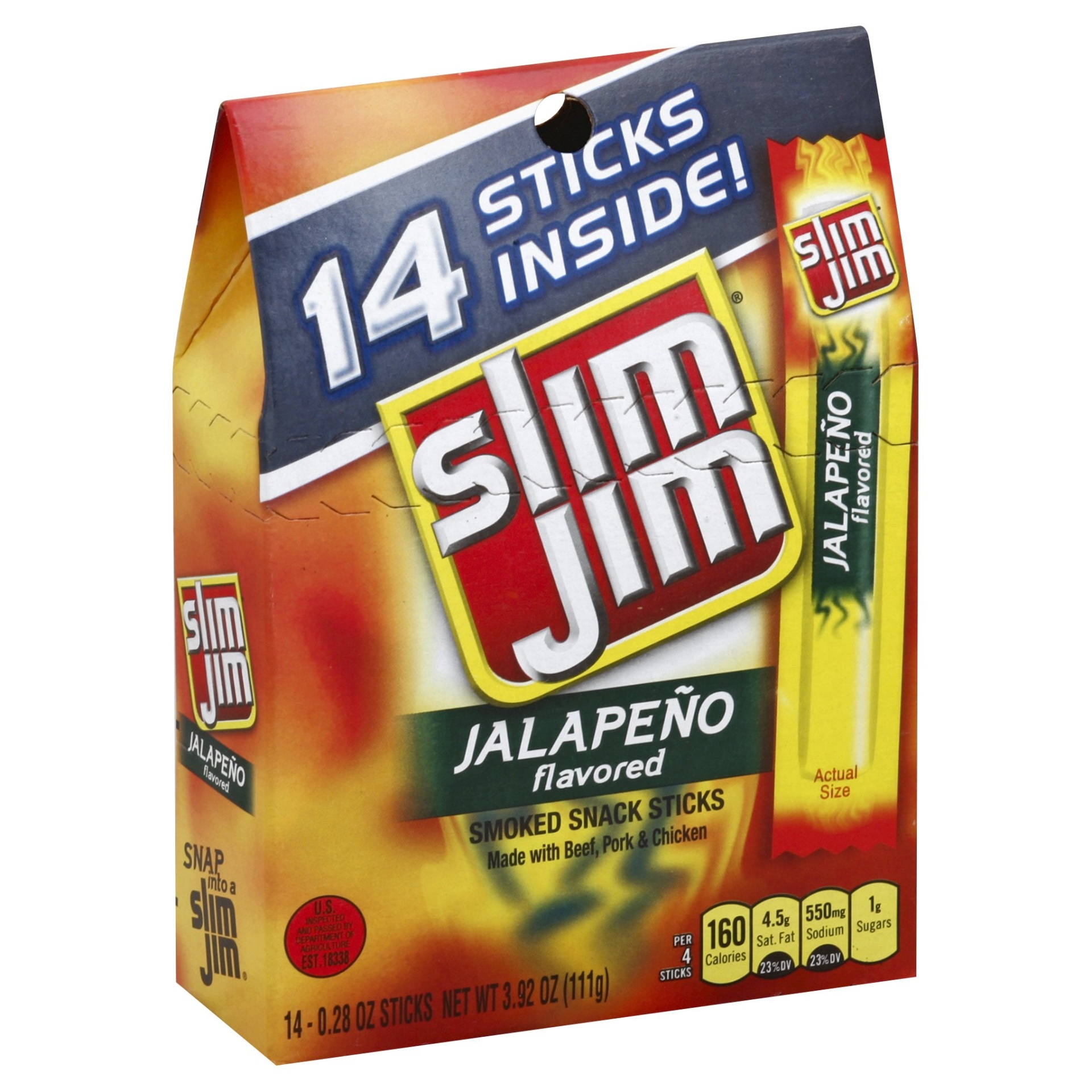 slide 1 of 1, Slim Jim Jalapeno Meat Sticks, 14 ct; 0.28 oz