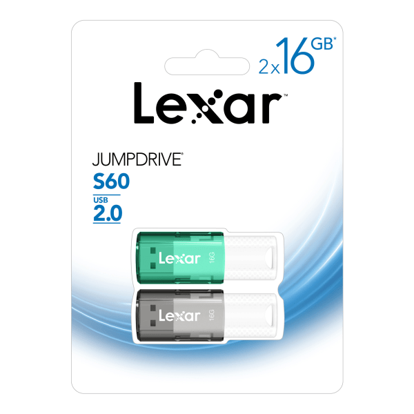 slide 1 of 2, Lexar Jumpdrive S60 Usb 2.0 Flash Drives, 16Gb, Black/Teal, Pack Of 2 Flash Drives, Ljds60-16Gb2Nnu, 2 ct