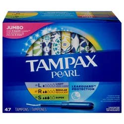Tampax Pearl Tampons Trio Pack with Plastic Applicator and LeakGuard Braid - Light/Regular/Super Absorbency - Unscented - 47ct