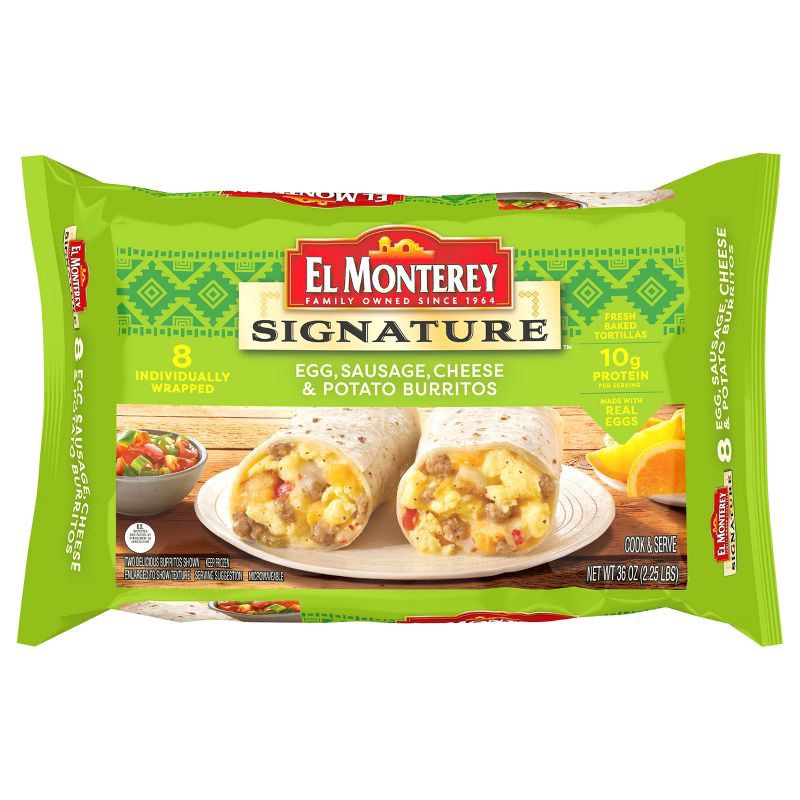 slide 1 of 7, El Monterey Signature Egg, Sausage, Cheese & Potato Breakfast Burritos, 36 oz