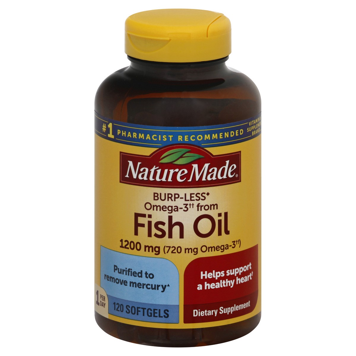 slide 1 of 4, Nature Made Burp Less Omega 3 Fish Oil 1200 mg, Fish Oil Supplements as Ethyl Esters, Omega 3 Fish Oil for Healthy Heart, Brain and Eyes Support, One Per Day, Omega 3 Supplement with 120 Softgels, 120 ct