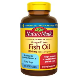 Nature Made Burp Less Omega 3 Fish Oil Supplements, 1200mg, EPA DHA Omega 3 Supplement as Ethyl Esters, Fish Oil Softgels for Healthy Heart, Brain and Eyes Support, One Per Day, 120 Softgels