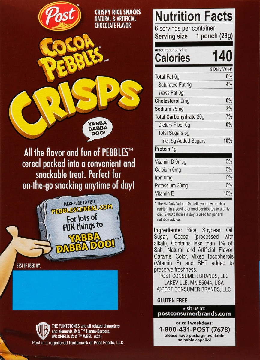 slide 8 of 9, Post New Post Cocoa PEBBLES Crisps, Portable Breakfast Cereal Snack, Kids Snacks, Gluten Free, 1 - Oz (Pack of 6), 6 ct; 1 oz