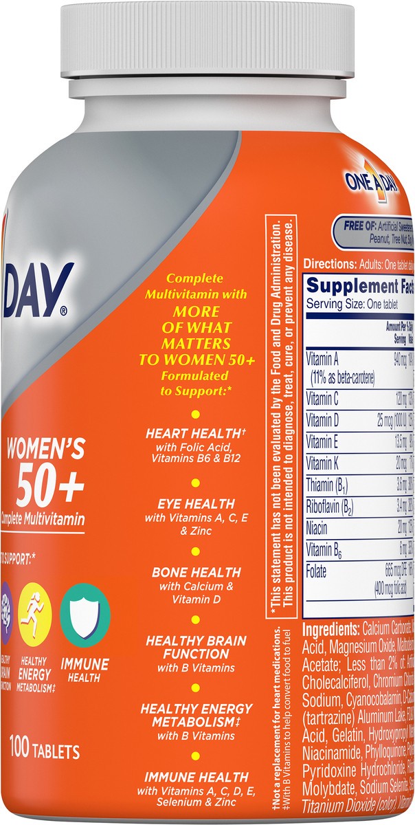 slide 3 of 8, One A Day Women's 50+ Multivitamin/Multimineral Supplement Tablets 100 ea Bottle, 100 ct