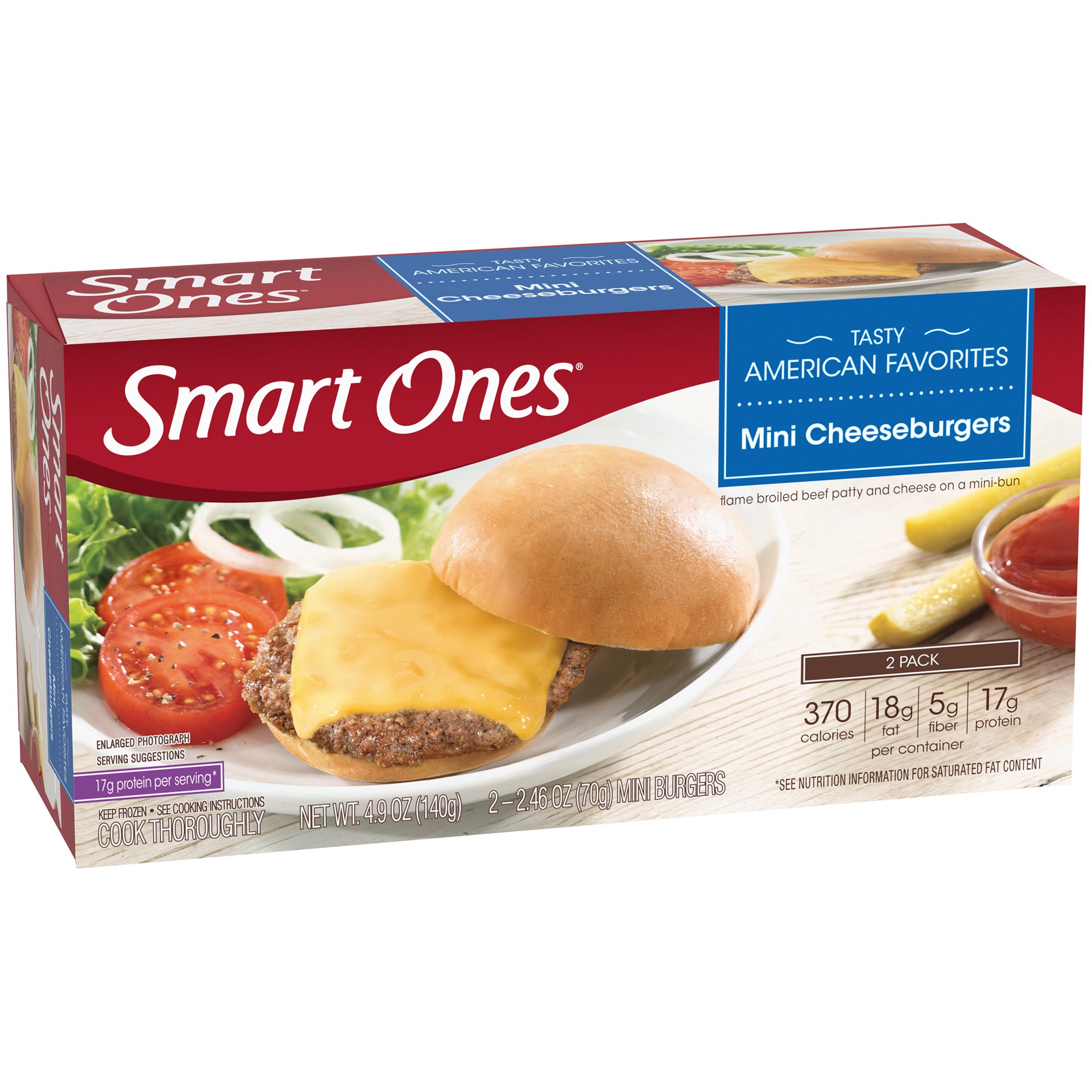 slide 3 of 5, Smart Ones Mini Cheeseburger Frozen Meal, 2 ct Box, 2.46 oz Mini Burgers, 2 ct