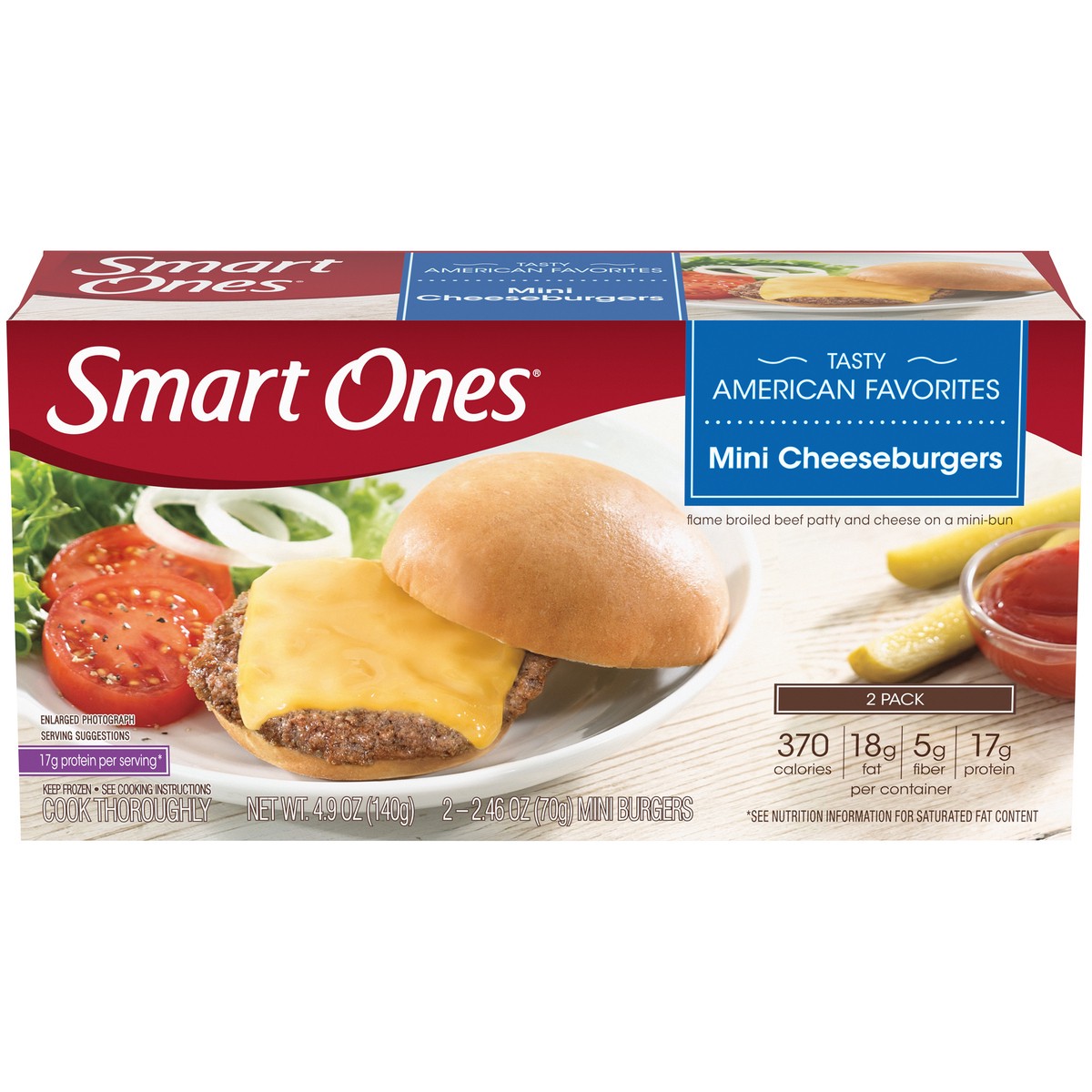 slide 1 of 5, Smart Ones Mini Cheeseburger Frozen Meal, 2 ct Box, 2.46 oz Mini Burgers, 2 ct