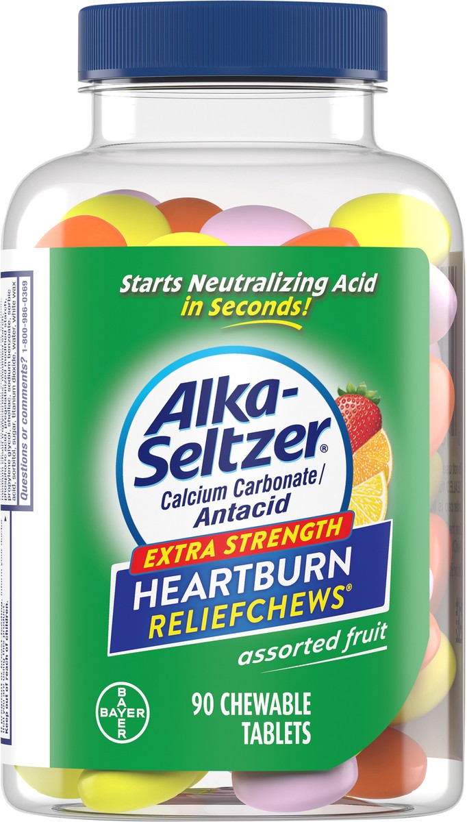 slide 2 of 11, Alka-Seltzer Heartburn ReliefChews Extra Strength Assorted Fruit Calcium Carbonate/Antacid Chewable Tablets 90 ea, 90 ct