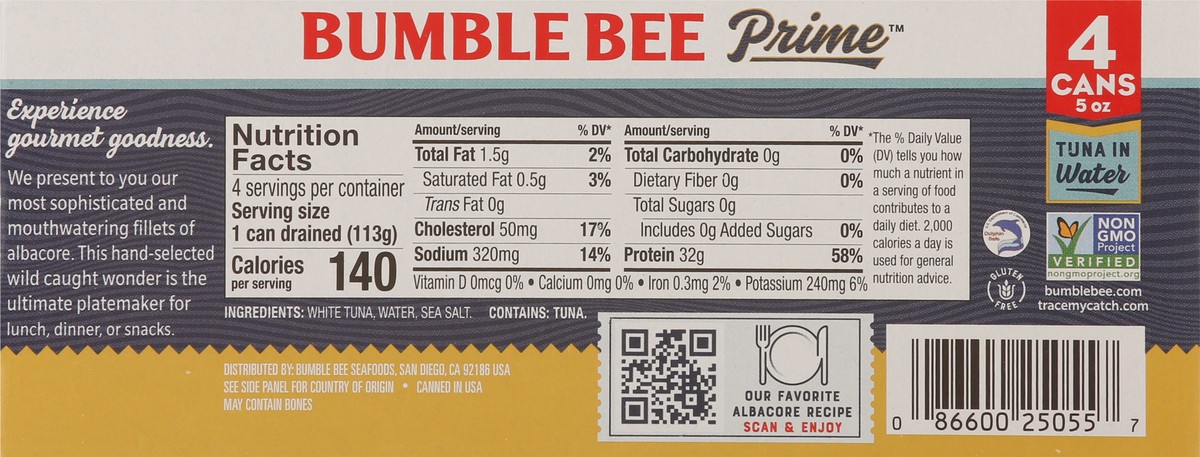 slide 10 of 11, Bumble Bee Tuna in Water, Albacore, Solid White, 4 Pack, 20 oz