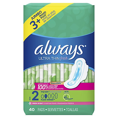 slide 1 of 1, Always Pads Ultra Thin Size 2 Super Pads With Wings Scented, 40 ct