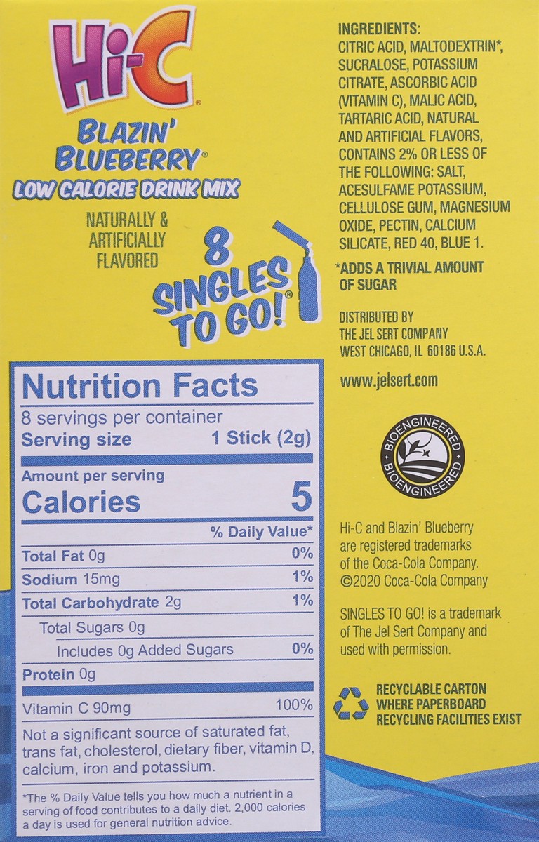 slide 5 of 9, Hi-C Singles to Go! Low Calorie Blazin' Blueberry Drink Mix 8 ea Box, 8 ct