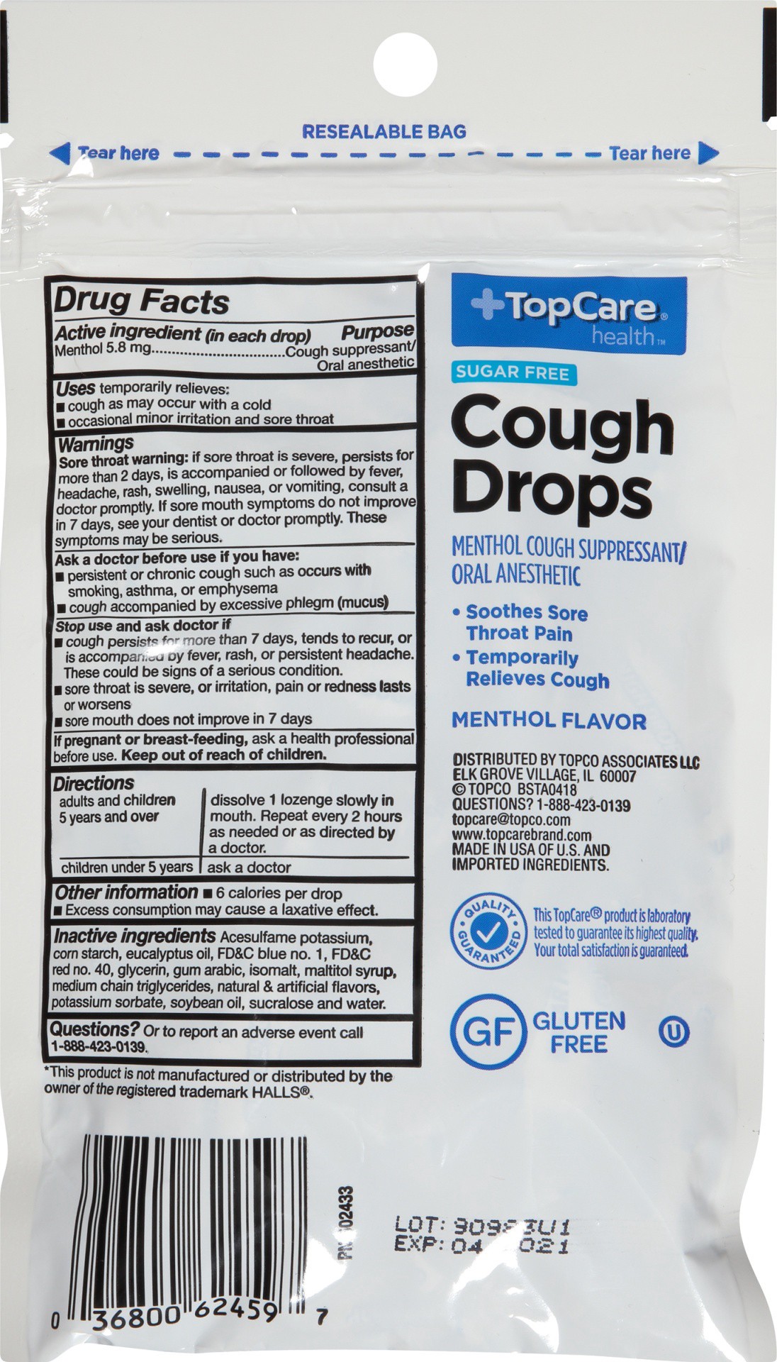 slide 6 of 6, TopCare Cough Drops Sugar Free Menthol Eucalyptus, 25 ct