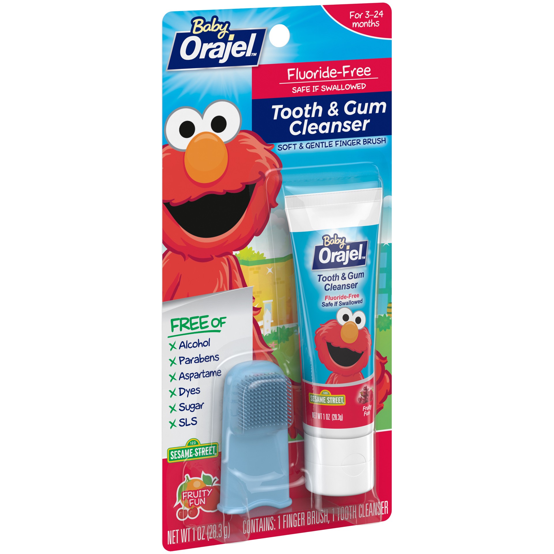 slide 4 of 4, Orajel Elmo Fluoride-Free Tooth & Gum Cleanser with Finger Brush, Combo Pack, Fruity Fun Flavored Non-Fluoride, 1.0 oz., 1 oz