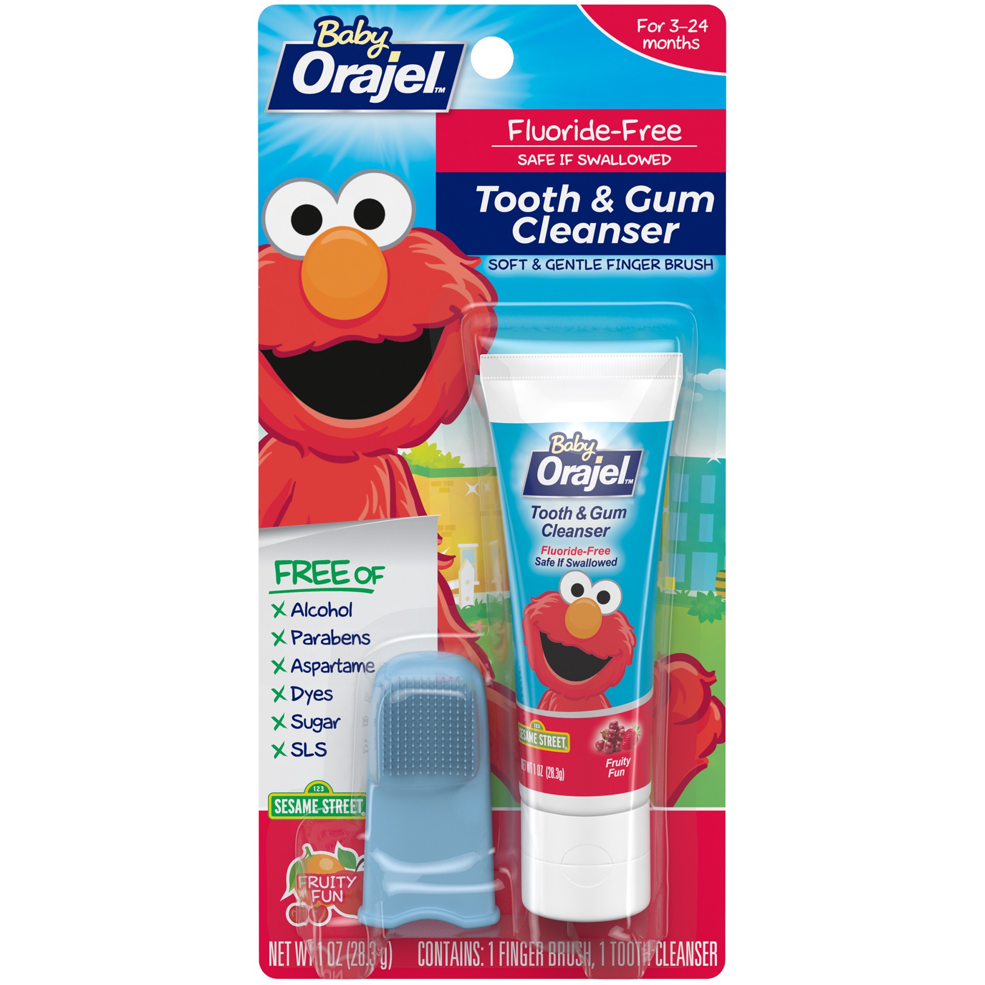 slide 1 of 4, Orajel Elmo Fluoride-Free Tooth & Gum Cleanser with Finger Brush, Combo Pack, Fruity Fun Flavored Non-Fluoride, 1.0 oz., 1 oz