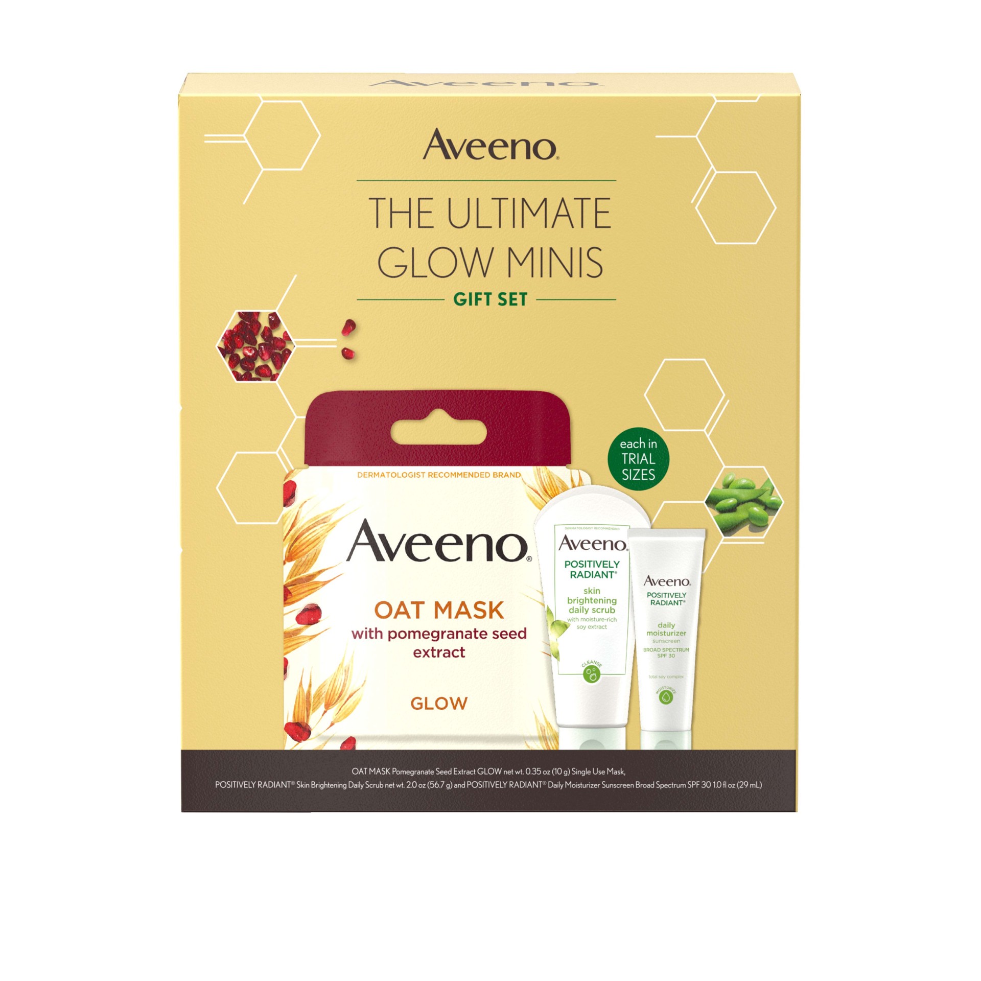 slide 5 of 5, Aveeno Ultimate Glow Minis Skincare Gift Set, Brightening & Exfoliating Face Scrub, Facial Moisturizer with SPF 30 & Oat Mask with Pomegranate Seed Extract, Trial Sizes, 3 pcs, 1 ct