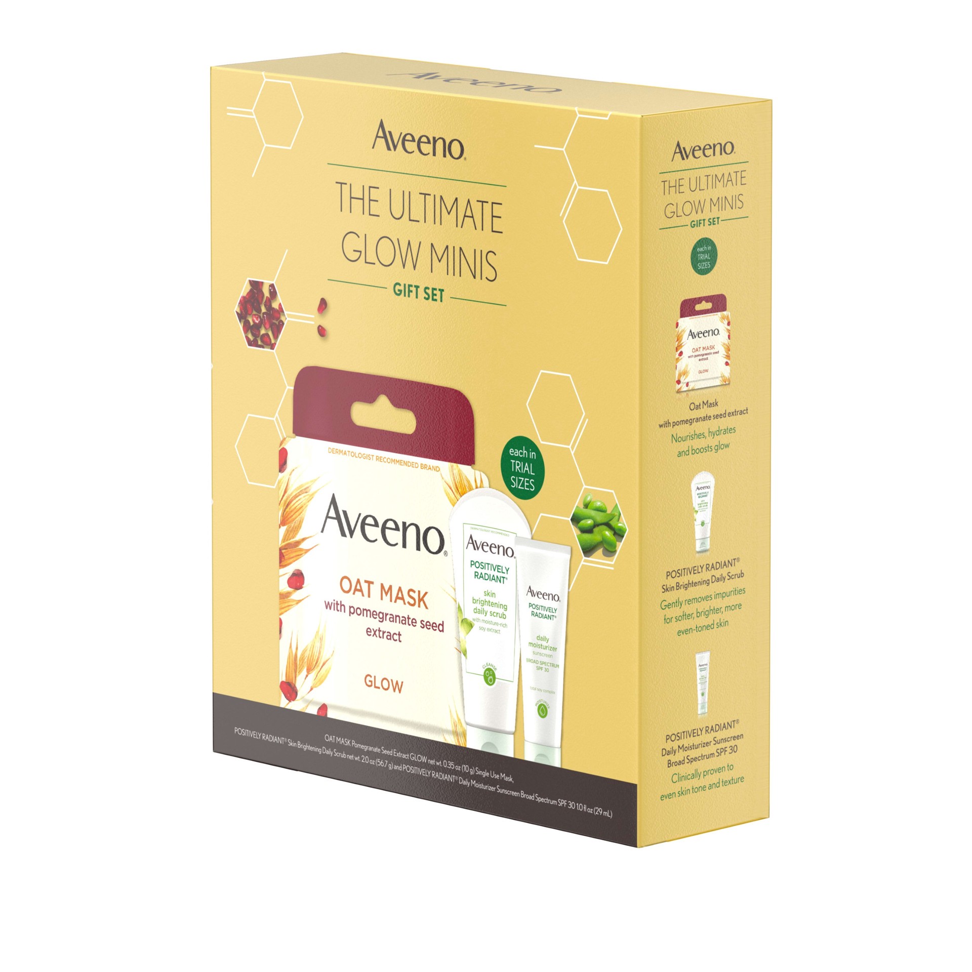 slide 3 of 5, Aveeno Ultimate Glow Minis Skincare Gift Set, Brightening & Exfoliating Face Scrub, Facial Moisturizer with SPF 30 & Oat Mask with Pomegranate Seed Extract, Trial Sizes, 3 pcs, 1 ct