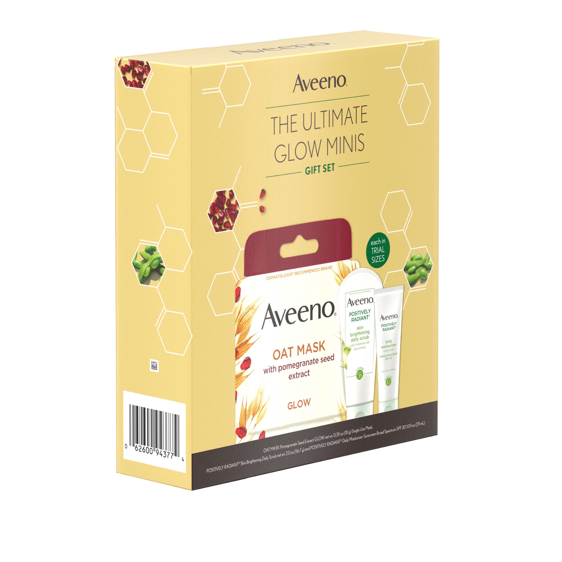 slide 4 of 5, Aveeno Ultimate Glow Minis Skincare Gift Set, Brightening & Exfoliating Face Scrub, Facial Moisturizer with SPF 30 & Oat Mask with Pomegranate Seed Extract, Trial Sizes, 3 pcs, 1 ct