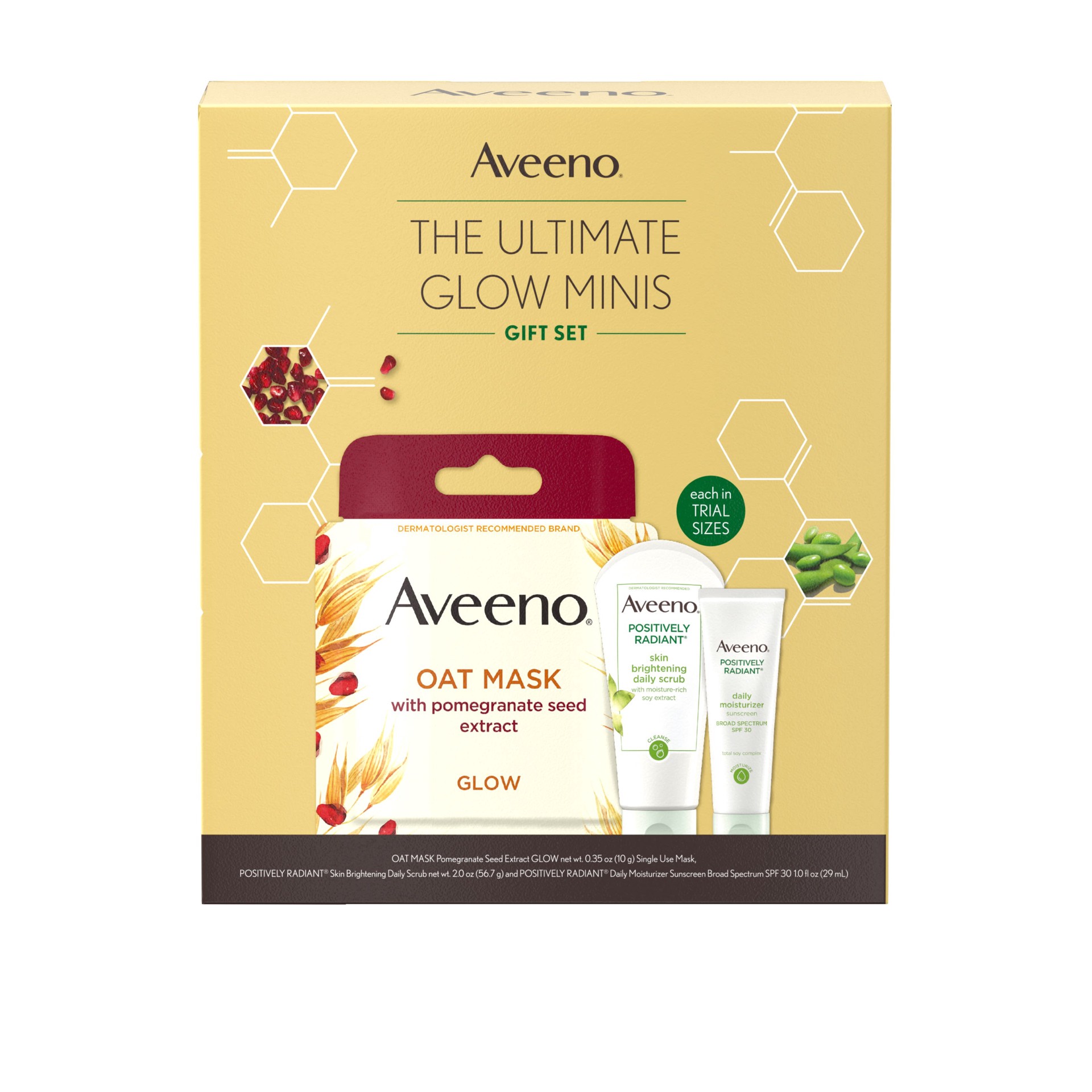 slide 1 of 5, Aveeno Ultimate Glow Minis Skincare Gift Set, Brightening & Exfoliating Face Scrub, Facial Moisturizer with SPF 30 & Oat Mask with Pomegranate Seed Extract, Trial Sizes, 3 pcs, 1 ct