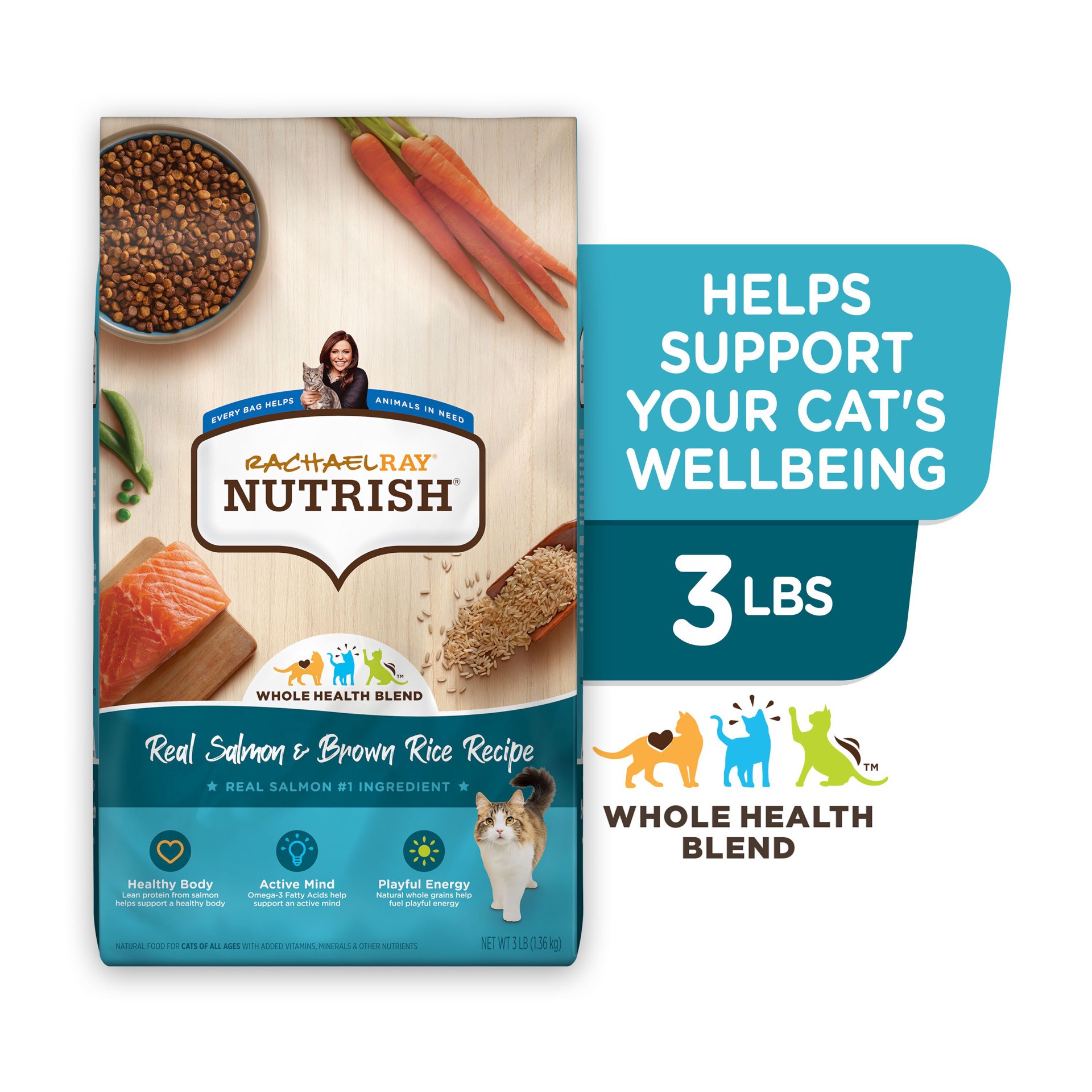 slide 9 of 9, Rachael Ray Nutrish Real Salmon & Brown Rice Recipe Dry Cat Food, 3 lb. Bag, 3 lb