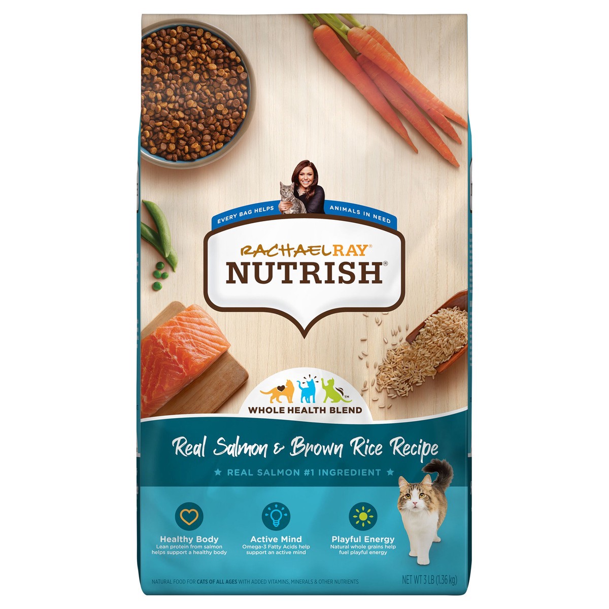 slide 1 of 9, Rachael Ray Nutrish Real Salmon & Brown Rice Recipe Dry Cat Food, 3 lb. Bag, 3 lb